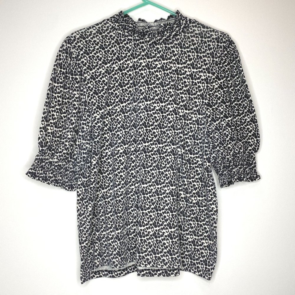 Ann Taylor Knit Spotted Blouse Black White Scalloped Poof Sleeves Womens XL